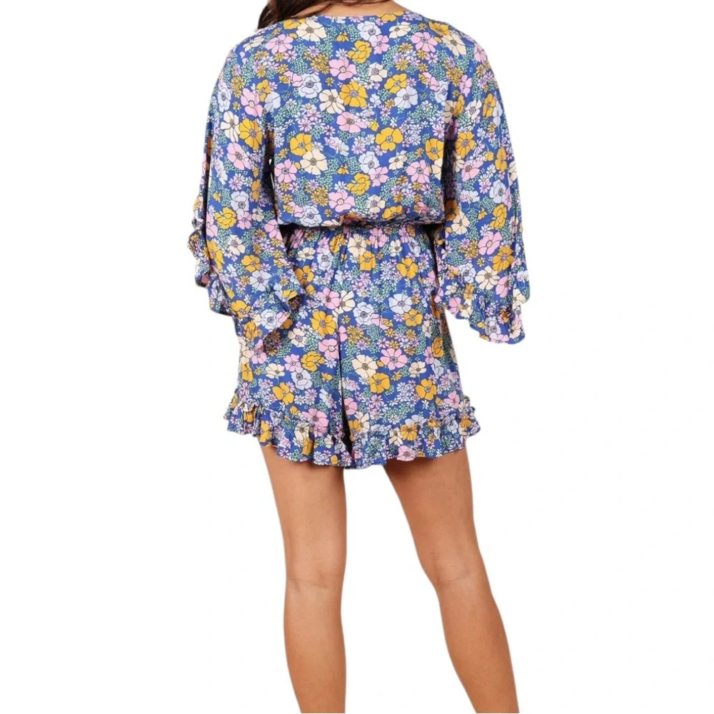 Petal & Pup Blue Floral Tuily Long Sleeve Ruffle Romper Size Small - Picture 4 of 10